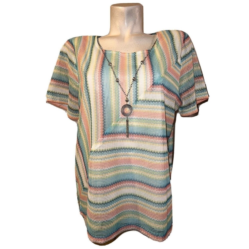 New Alfred Dunner Women Size L Multi Color Striped Knit Top with Necklace NWT